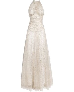 Sandra Mansour Tulle Embellished Nue Gown - White