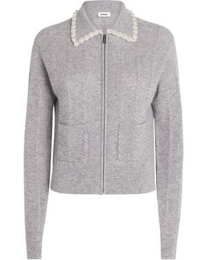 Sandro Wool-Cashmere Beaded-Collar Cardigan - Grey
