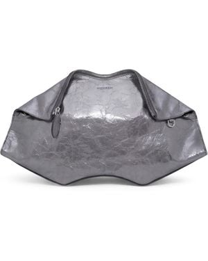 McQueen Cracked Metallic Leather Manta Pouch - Gray