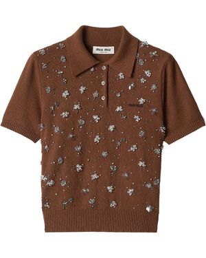 Miu Miu Cashmere Embellished Polo Jumper - Brown