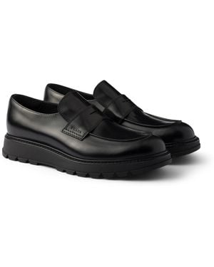 Prada Brushed Leather Flatform Loafers - Black