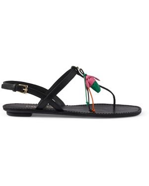 Prada Antiqued Leather Floral Thong Sandals - Black