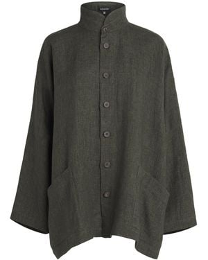 Eskandar Linen Double Stand-Collar Longline Jacket - Gray