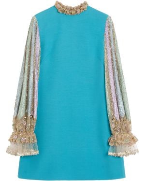 Valentino Garavani Wool-Silk Ruffle-Trim Mini Dress - Blue