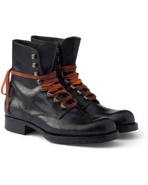 Prada Leather Lace-Up Ankle Boots - Black