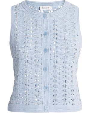 Sandro Openwork Crochet Sleeveless Cardigan - Blue