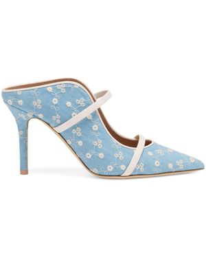 Malone Souliers Denim Floral Maureen Heeled Mules 85 - Blue