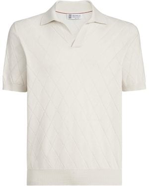 Brunello Cucinelli Cotton Diamond-Knit Johnny Collar Polo Shirt - White