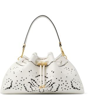 Jimmy Choo Medium Cinch Cut-Out Leather Bucket Bag - White
