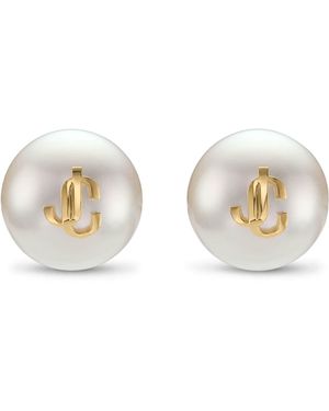 Jimmy Choo Faux Pearl Logo Stud Earrings - Metallic