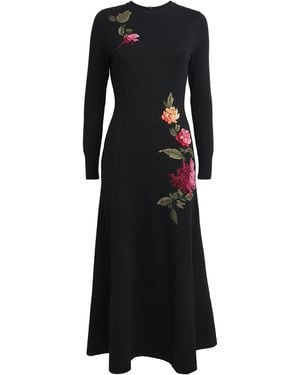 Carolina Herrera Virgin Wool-Silk Floral Embroidered Midi Dress - Black