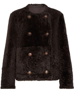 Brunello Cucinelli Shearling-Leather Reversible Pea Coat - Black