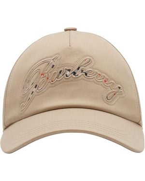 Burberry Cotton Gabardine Cursive Logo Cap - Natural