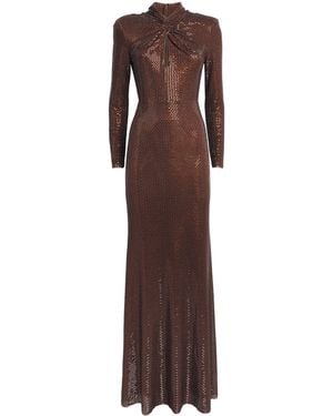 Self-Portrait Rhinestone High-Neck Maxi Dress - Brown