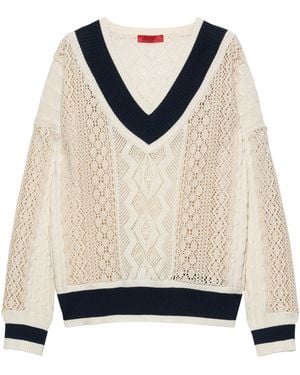 MAX&Co. Cotton Crochet V-Neck Sweater - White
