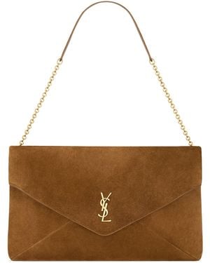 Saint Laurent Extra Extra Large Suede Cassandre Envelope Wallet On Chain - Brown