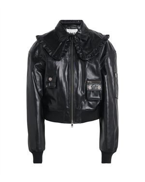 Ganni Recycled Ruffled-Collar Leather Jacket - Black