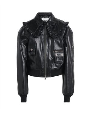 Ganni Recycled Ruffled-Collar Leather Jacket - Black