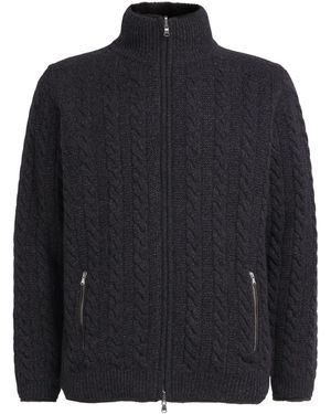 N.Peal Cashmere Cashmere Rex Fur-Trim Cable-Knit Aspen Cardigan - Blue