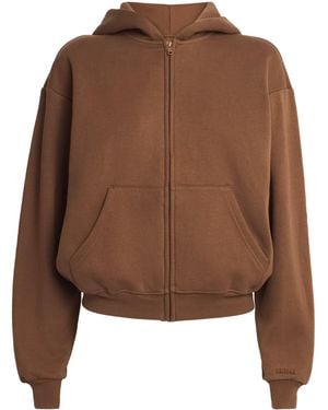 Skims Cotton-Blend Fleece Zip-Up Hoodie - Brown
