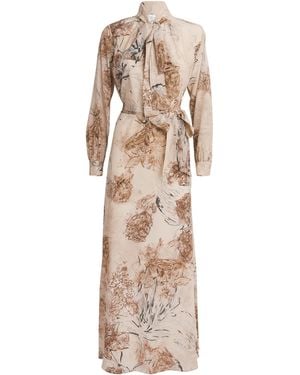 Eleventy Silk Printed Pussybow Maxi Dress - Natural