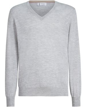 Brunello Cucinelli Cashmere-Silk V-Neck Jumper - Grey