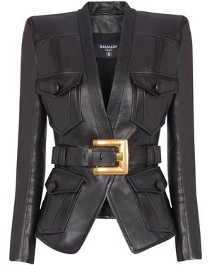 Balmain Belted Leather Jacket - Black