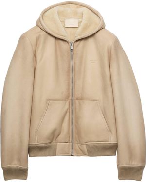 Prada Shearling Hooded Bomber Jacket - Natural