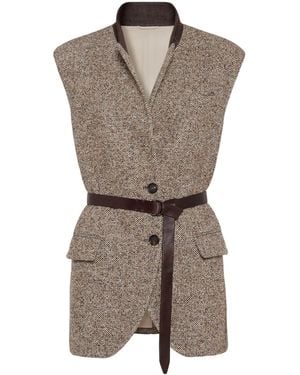 Brunello Cucinelli Virgin Wool-Silk Chevron Belted Vest - Grey