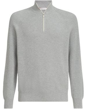 Brunello Cucinelli Cotton Rib-Knit Quarter-Zip Jumper - Grey