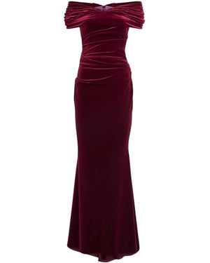Talbot Runhof Stretch-Velvet Ruched Gown - Red