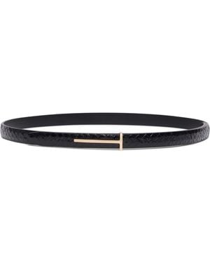 Tom Ford Leather Python-Print T Icon Belt - White
