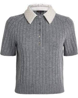 Maje Wool-Blend Beaded-Collar Polo Jumper - Grey