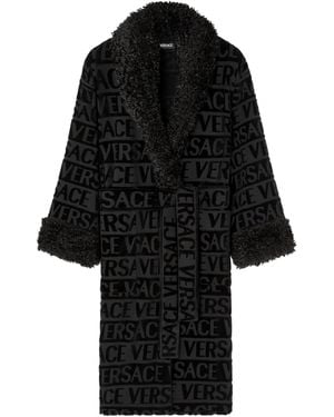 Versace Faux Fur-Trim Monogram Dressing Gown - Black