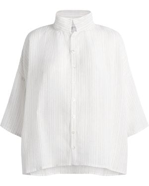 Eskandar Linen-Blend Stand-Collar Stripe Shirt - White