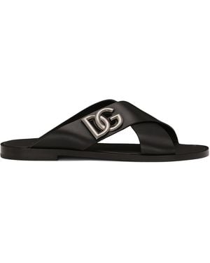 Dolce & Gabbana Leather Logo Cross-Strap Sandals - Black