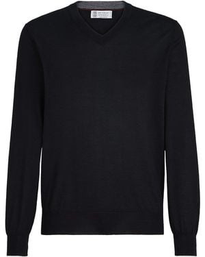 Brunello Cucinelli Cashmere-Silk V-Neck Sweater - Blue