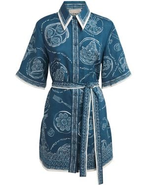 ALÉMAIS Linen Printed Lucky Mini Dress - Blue