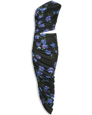 Alaïa Floral Ruched Asymmetric Midi Dress - Blue