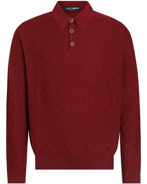 Dolce & Gabbana Silk Jacquard Long-Sleeve Polo Shirt - Red