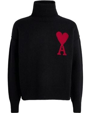 Ami Paris Virgin Wool Ami De Coeur Rollneck Jumper - Black