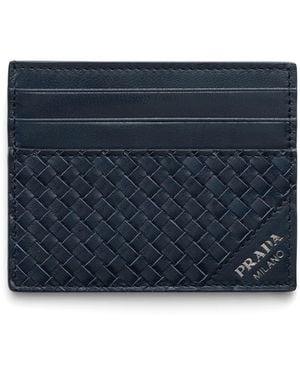 Prada Leather Woven Card Holder - Blue