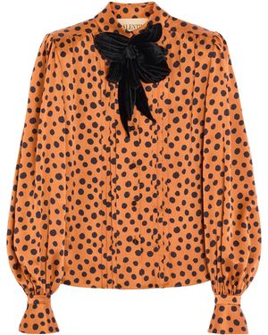 Valentino Silk Polka-Dot Embroidered Blouse - Orange