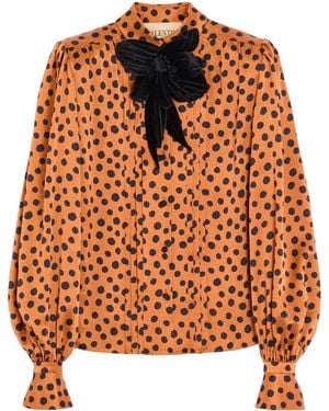 Valentino Silk Polka-Dot Embroidered Blouse - Orange