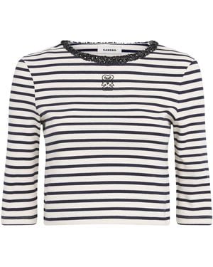 Sandro Stretch-Cotton Stripe Crop Top - White