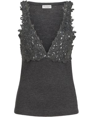 Brunello Cucinelli Wool Lace-Detail Sleeveless Top - Gray