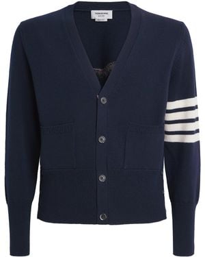 Thom Browne Virgin Wool 4-Bar Stripe Cardigan - Blue