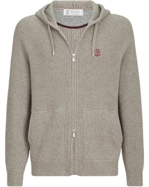 Brunello Cucinelli Cashmere Rib-Knit Zip-Up Cardigan - Grey
