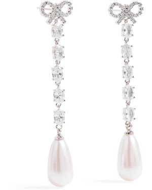 Self-Portrait Crystal And Faux Pearl Bow Drop Earrings - White