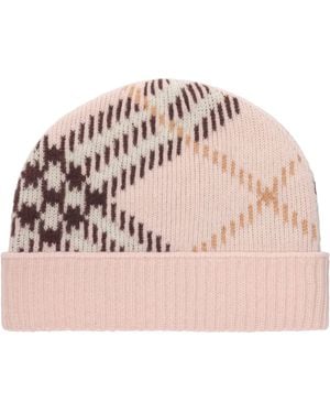 Burberry Cashmere-Blend Check Beanie - Pink